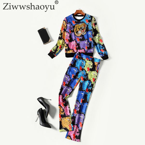 

ziwwshaoyu 2018 autumn designer suit sets women's long sleeve embroidered and ankle-length pants vintage tiger print set, Gray