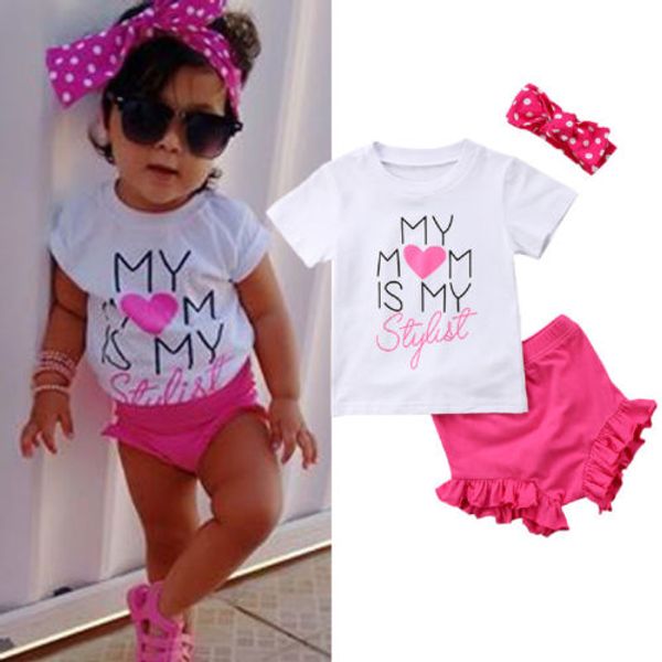 

2018 newborn toddler baby girls letter t-shirt pants shorts dot headband outfits clothes set 0-24m, White