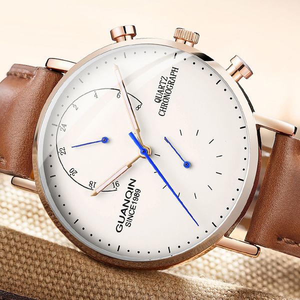 

guanqin design genuine leather watches men brand new men sports clock sapphire analog waterproof mens quartz wrist watches, Slivery;brown