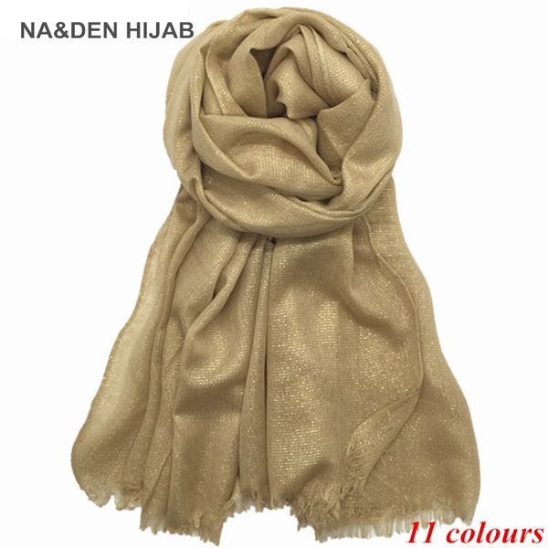 2017 fio de ouro sólido lenço mulheres shimmer liso xaile viscose lenços e xale muçulmano impresso cachecos árabes hijabs shinny 5 pcs