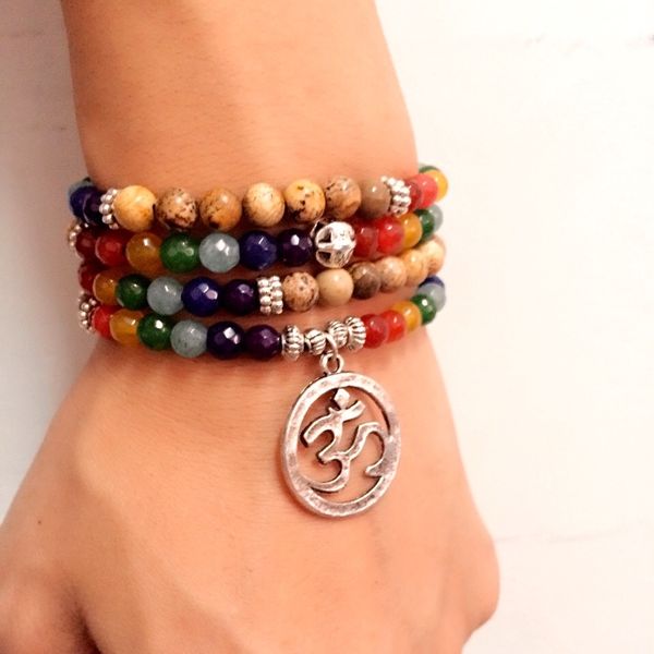 7 Chakra Cura Balanço Pulseira Picture Pedra Gema Yoga Reiki Prayer Pedra Charme 108 Bead 6mm Braceletes Multicamadas Bangle Mulheres Homens Jóias