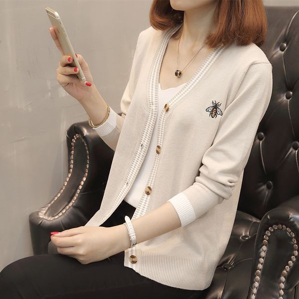 

autumn clothes embroidery flower bee long-sleeved sweater coat, White;black