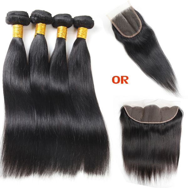 

10a straight human hair 4 bundles with closure 100% unprocessed brazilian virgin human hair bundles brazilian hair extensions and frontal, Black