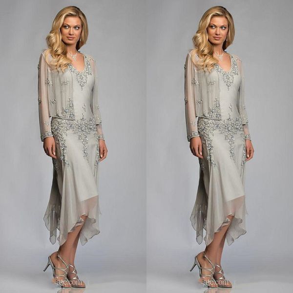 

elegant silver grey chiffon tea length mother of the bride dresses with jacket suits lace appliques deep v neck mother guest dresses, Black;red
