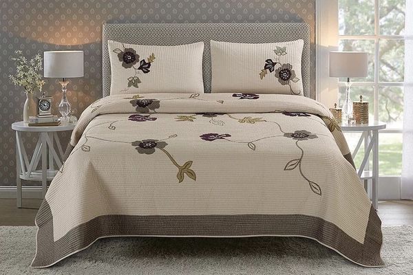 

khaki color pastoral american style cotton quilting quilts king size morden bed cover summer cool embroidery bedspread 3pcs sets