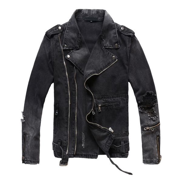 

2018 slim mens ripped denim jackets black multi zippers streetwear distressed motorcycle biker jeans jacket, Black;brown