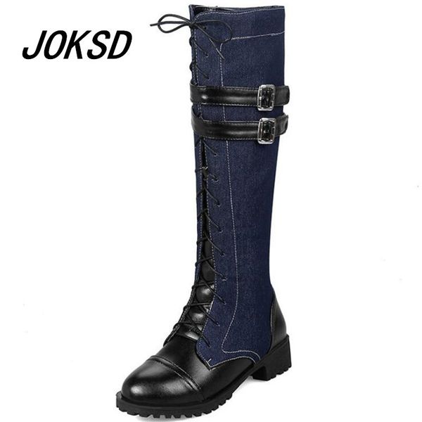 

joksd large size 43 lace up knee high boots women autumn quality denim boots fashion black square heel woman shoes sale