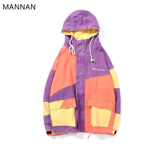 

mannan washed jacket windbreaker harajuku retro vintage colorful men hip hop hoodie jacket coat streetwear zipper pocket autumn, Black;brown