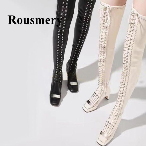 

мода новые над коленом cross-tied rivet design genunie кожаный квадратный носок с средним каблуком странный стиль женщины загрузки два цвета, Black