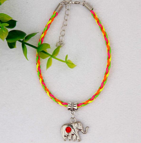 

горячие 50 шт. цинковый сплав падение глазури горный хрусталь слон шарм подвеска 20 + 5 см цвет плетеный веревка браслет женщинымужчины ювел, Golden;silver