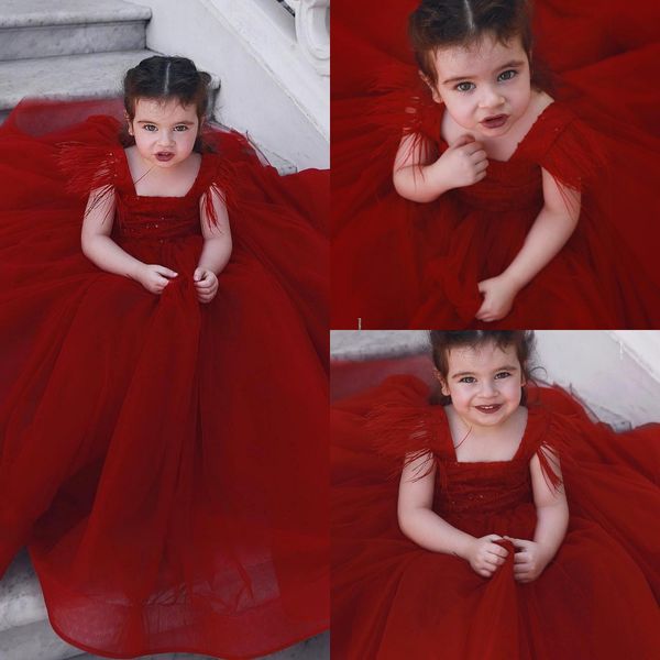 Dunkelrote Tüll-Träger-Quasten-Blumen-Mädchen-Kleider, Prinzessin, Festzug, Ballkleid, Geburtstagsparty-Kleid für Kinder, formelle Kleidung BC0290