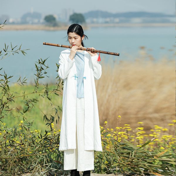 

autumn winter chinese women improved plate buckle cotton linen silk long section outer coat white red, Tan;black