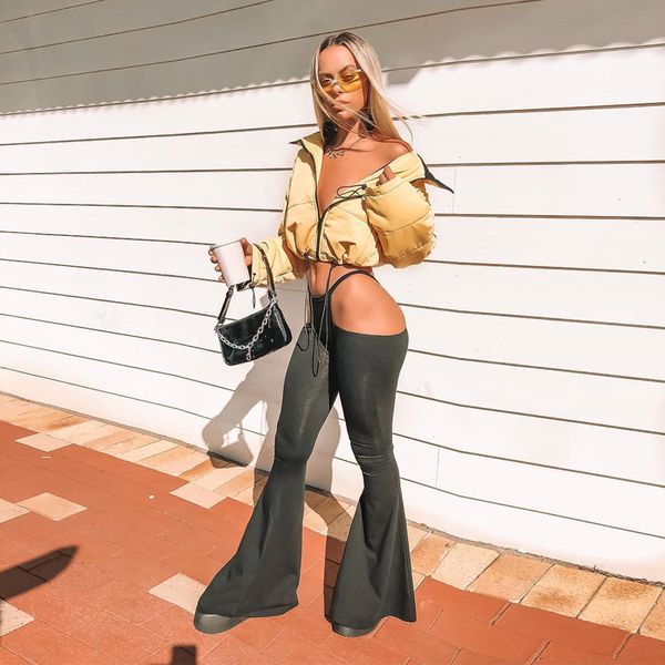 

2018 women cut out holes pants slim fitness sweat pants flare hollow out trousers pantalon streetwear capris solid pant, Black;white