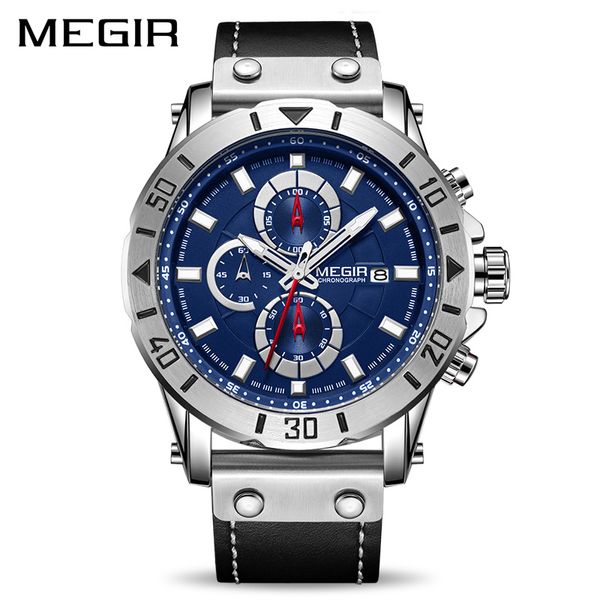 

chronograph quartz watches for men megir blue men sport watch clock relogio masculino montre homme hour time, Slivery;brown