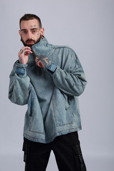 

Demin Jacket New Fashion Men's Oxford Jackets Coats Long Sleeves Windbreaker Skateboard Jacket With Zipper and Pocket Outwear