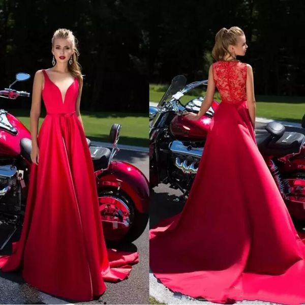 

красные кружевные вечерние платья 2019 с поясом глубокий v-образным вырезом атласный шлейф длинные вечерние платья для выпускного вечера rob, Black;red