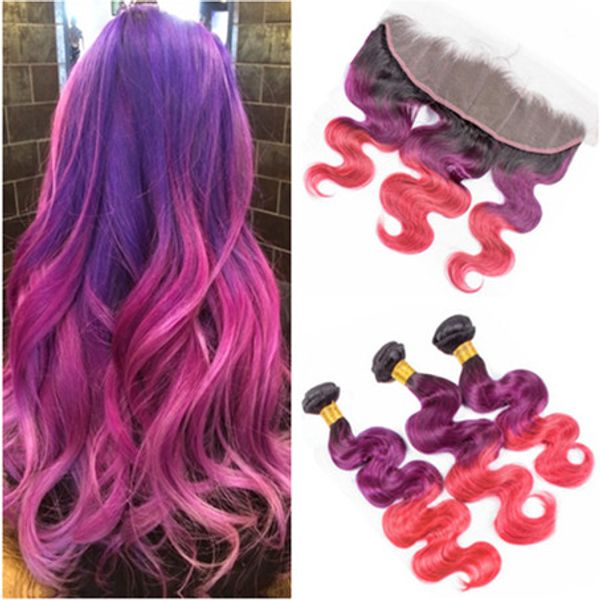 2019 Body Wave 1b Purple Pink Ombre Hair Bundles With 13x4 Lace