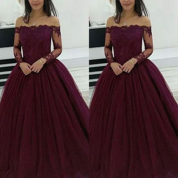 

elegant 2018 long sleeve evening dresses scalloped off shoulder neckline zipper back pretty lace and tulle burgundy prom dresses long, Black;red