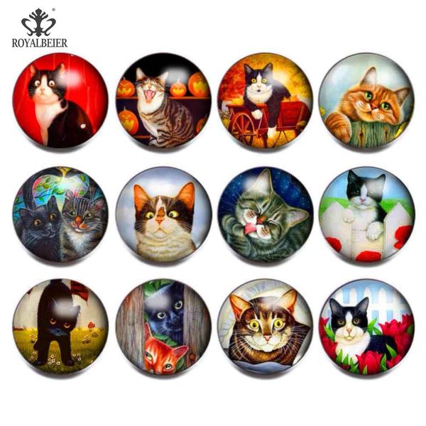 

royalbeier 12pcs/lot mix cartoon cat pattern glass sead beads 18mm snap button bijuterias charm bracelet jewelry women berloque, Golden;silver
