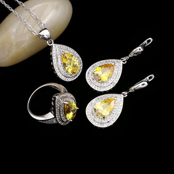 

silver 925 jewelry sets for women lemon yellow cubic zirconia white crystal earrings/pendant/necklace/ring anniversary gifts, Slivery;golden