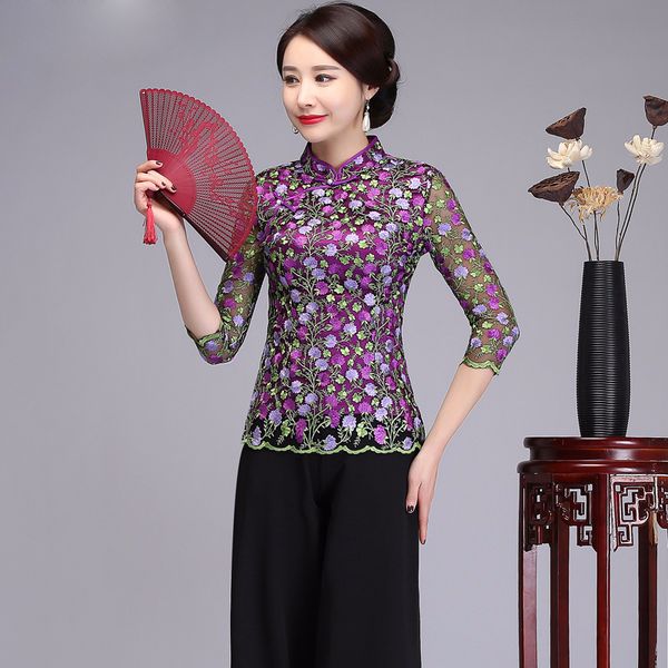 

lace embroidery floral shirt chinese novelty women purple spring new mandarin collar three quarter sleeve blouse -4xl, White