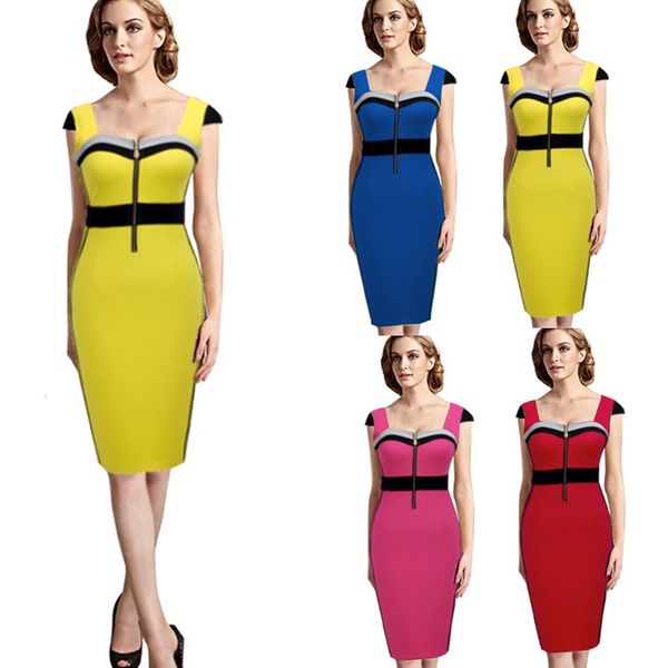 

summer yellow and black colorblock casual bodycon sheath dresses front zipper wear to work business patchwork women dress, White;black