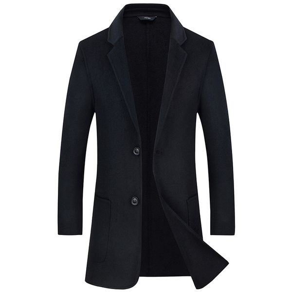 

70% wool good quality abrigo hombre lana medium long single breated woolen trench coat men, Black