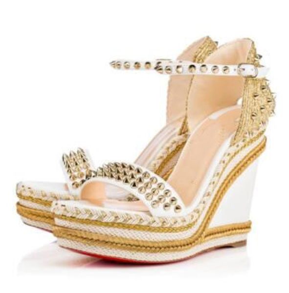 

original box,eu35-42]famous brand gladiator sandals red bottom madmonica wedge sandals women high heels with spikes, Black