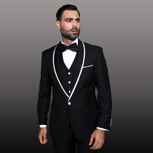 

custom made black wedding suits for men white shawl lapel handsome groom tuxedos slim fit men blazer 3 pieces jacket+pants+vest, Black;gray