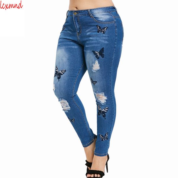 

2018 autumn & winter embroidery hole boyfriend jeans for women high waist jeans woman all match jean femme plus size mujer, Blue