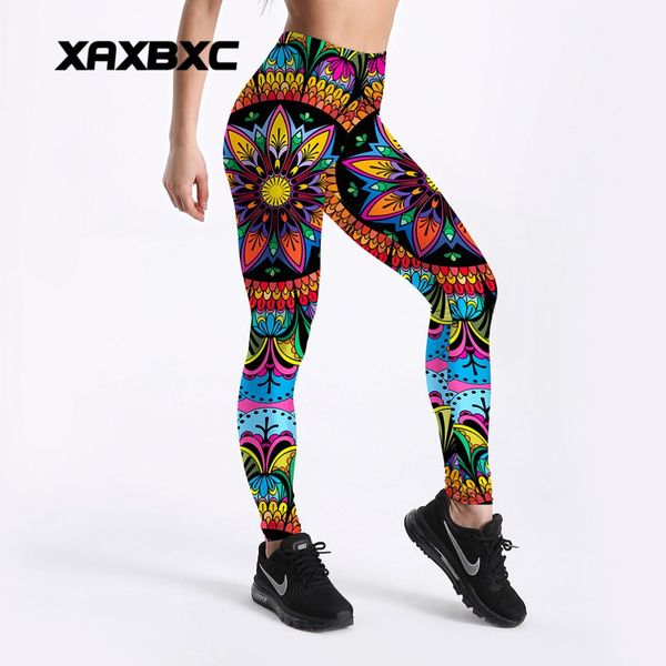 

xaxbxc 4108 сексуальная девушка карандаш брюки красочные мандала цветочные печатных эластичный тонкий фитнес тренировки push up женщин легги, Black