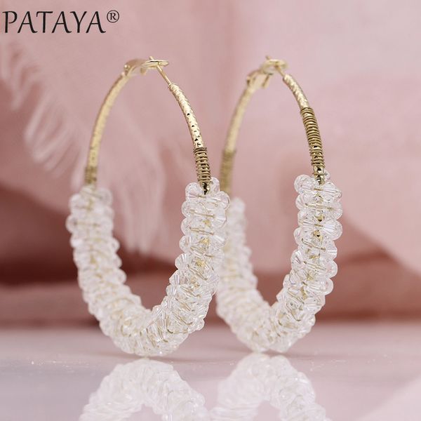 

pataya new women irregular crystal big circle long earrings 585 rose gold wedding party jewelry white luxury fine dangle earring, Silver