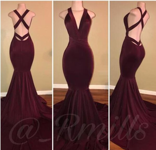 

2018 burgundy v neck sleeveless long prom dresses criss-cross backless mermaid evening dresses vintage special occasion wear, Black