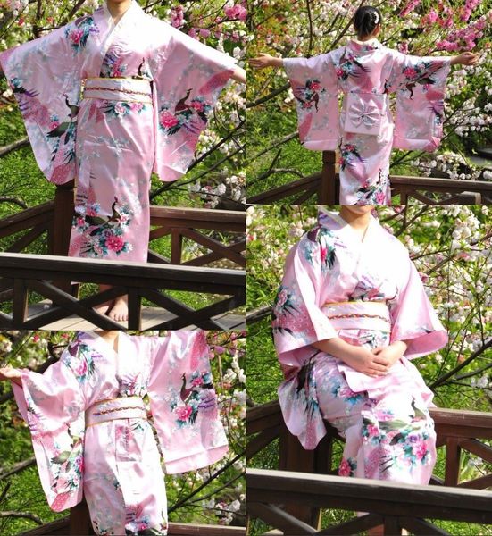 

pink traditional japanese clothing women's silk satin kimono yukata evening dress haori kimono with obi peafowl, Red