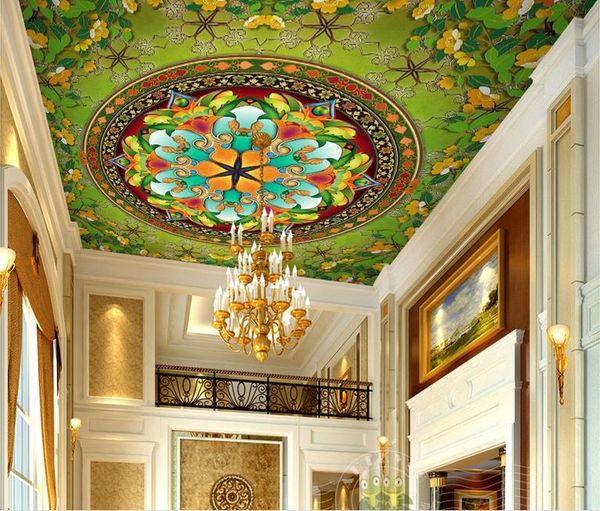 

3d ceiling Murals wallpaper Dream fresh delicate green mandala circle leaf pattern zenith painting