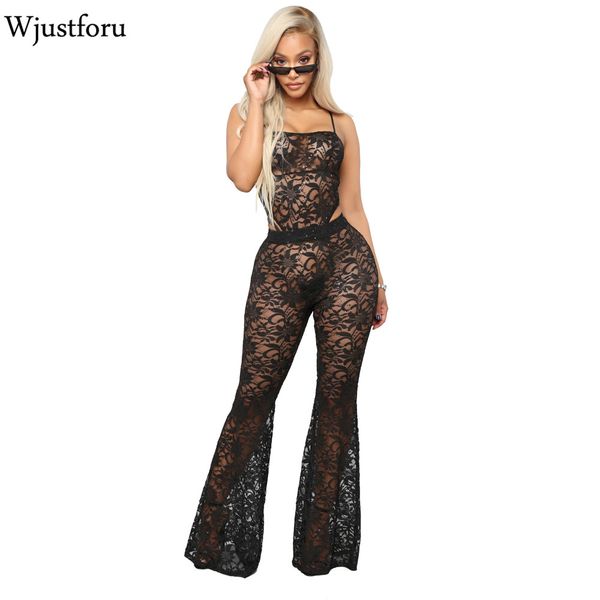 

wjustforu bodycon wide leg lace jumpsuit summer perspective spaghetti strap jumpsuit hollow out fashion elegant, Black;white
