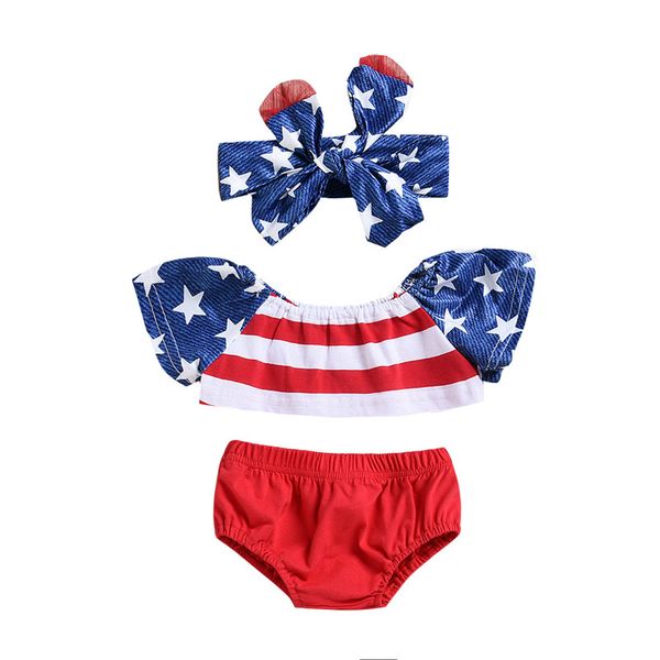 

baby clothing 2018 new toddler baby girl short sleeve star flag printed crop +shorts +bowknot headband summer 3pcs outfit, White