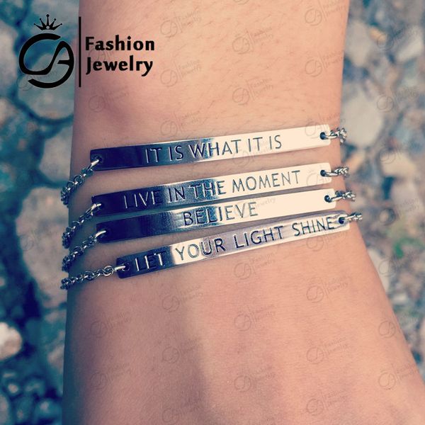 

2016 trend stainless steel bar bracelet mantra inspirational engraved bracelet bangle for women gift only silver available, Golden;silver