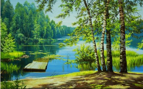 

3d Ѭеки обои дл гоиной овѬеменна мода пѬиѬода пейзаж зеленое деѬево озеѬо в