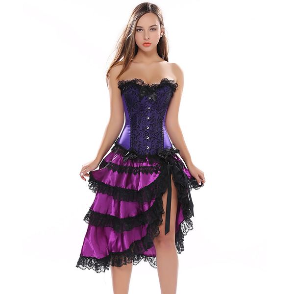 

purple satin & lace corset dress gothic corsets and bustiers plus size burlesque costumes victorian korse korsett for women, Black;white