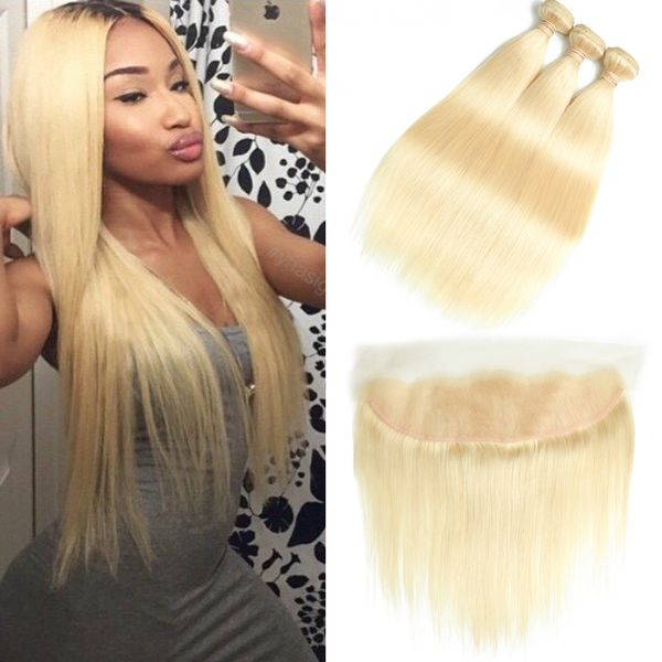 

beaudiva 613 blonde straight virgin hair bundles with lace frontal brazilian hair extensions 100% human hair weave, Black;brown