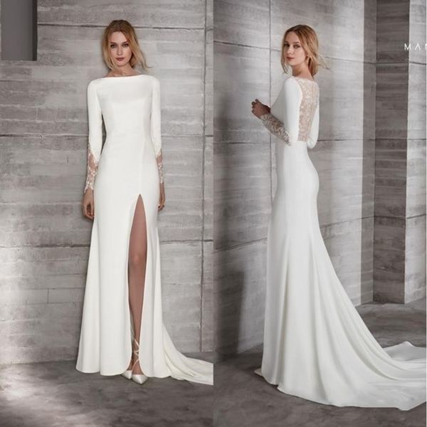 Acheter Sexy Pas Cher 2019 Robes De Mariée En Dentelle De Manche à Manches Longues Côté Split Bateau Cou élégant Plus La Taille Mariage Robe De Mariée