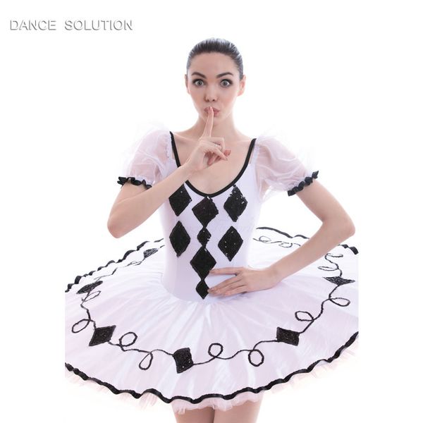 

white spandex bodice with black sequin pre-professional ballet tutu pancake dance costume stage performance tutu girl & women, Black;red