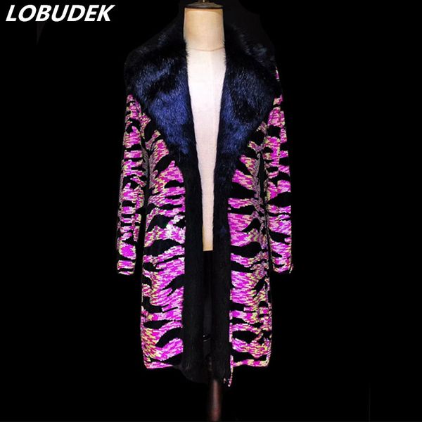 Стильный барный сценический черный пиджак из искусственного меха с розовыми блестками, длинное пальто, пальто для певца, звезды, концертного выступления, костюм для рождественской вечеринки