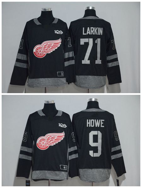 

1917-2017 100-летие detroit red wings джерси #9 горди хоу #71 дилан ларкин черный сшитый хоккей джерси высшего качества, Black;red