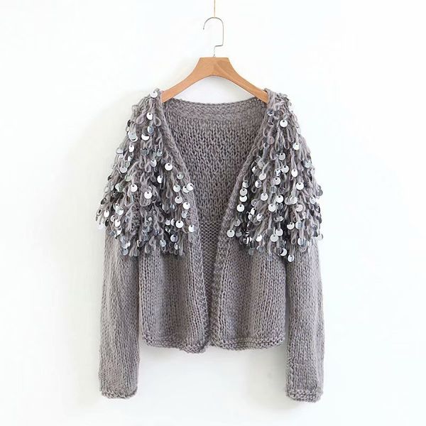 

ручной вязки 2018 осень зима серый повседневная свитера топ черный пальто розовый блестки кардиганы женщины с длинным рукавом открытым стежк, White;black