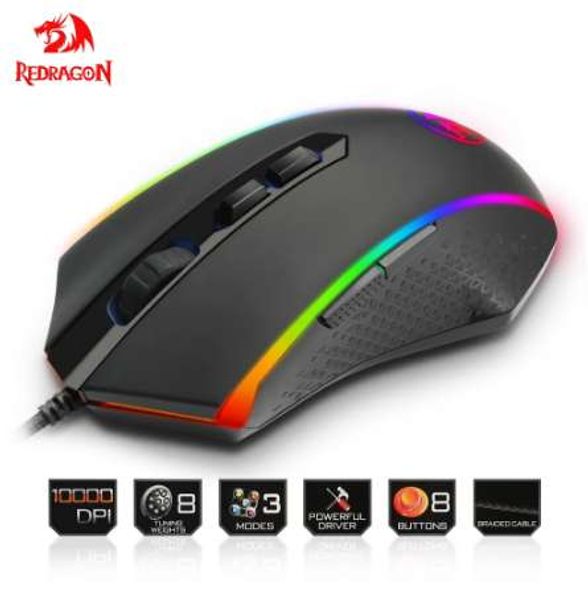 Mouse da gioco USB Redragon 10000 DPI 8 pulsanti design ergonomico per accessori per computer desktop mouse programmabili gamer lol PC Migliore qualità