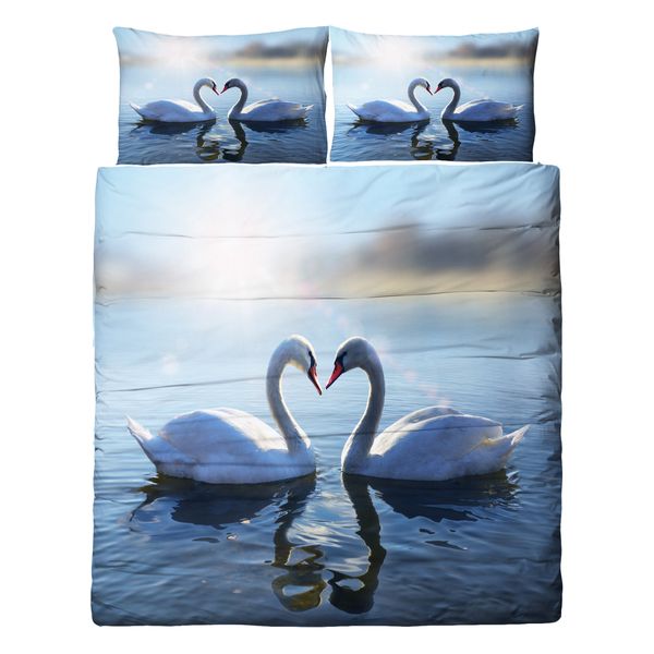 Beautiful Wedding Gift Swan Couple Lake Pattern Bedding Set Duvet