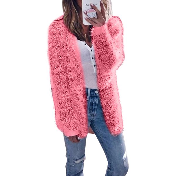 

autumn winter women plush cardigan coat fashion long sleeve fluffy warm sweater jacket female solid color cardigans outwear, White;black