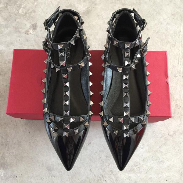 

brand women pumps wedding shoes woman flat nude fashion ankle straps rivets shoes flat sandals bridal shoes size 34-43, Black